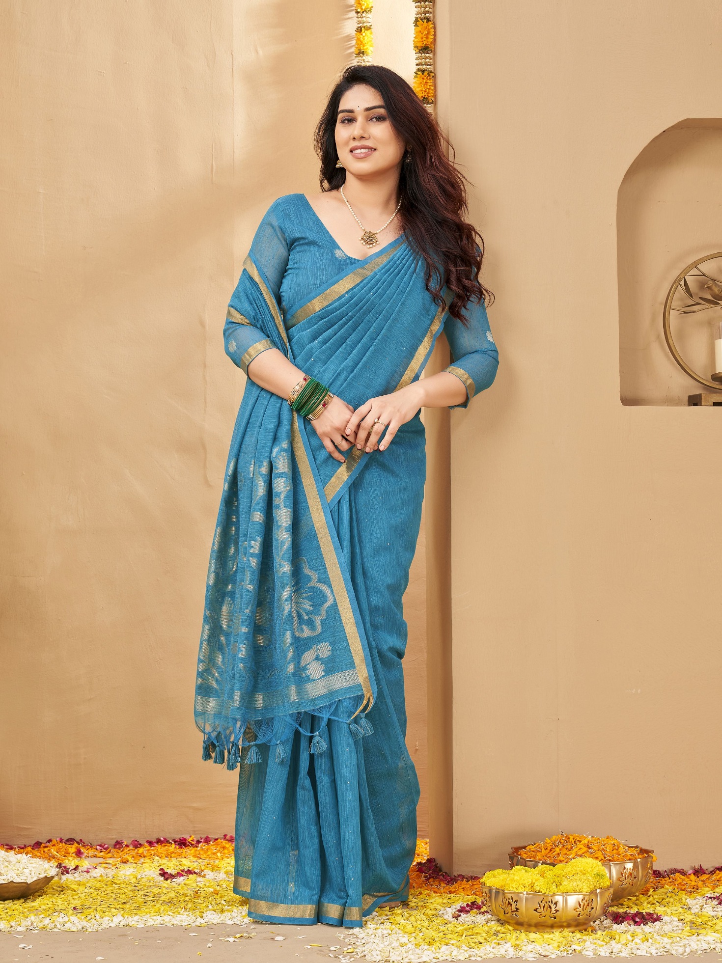 Blue Weaving Zari Linen Silk Saree