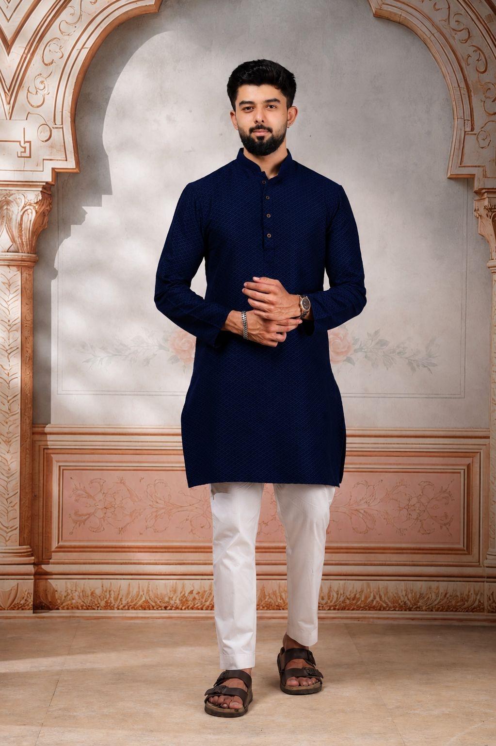 Blue Woven Cotton Kurta Pyjama