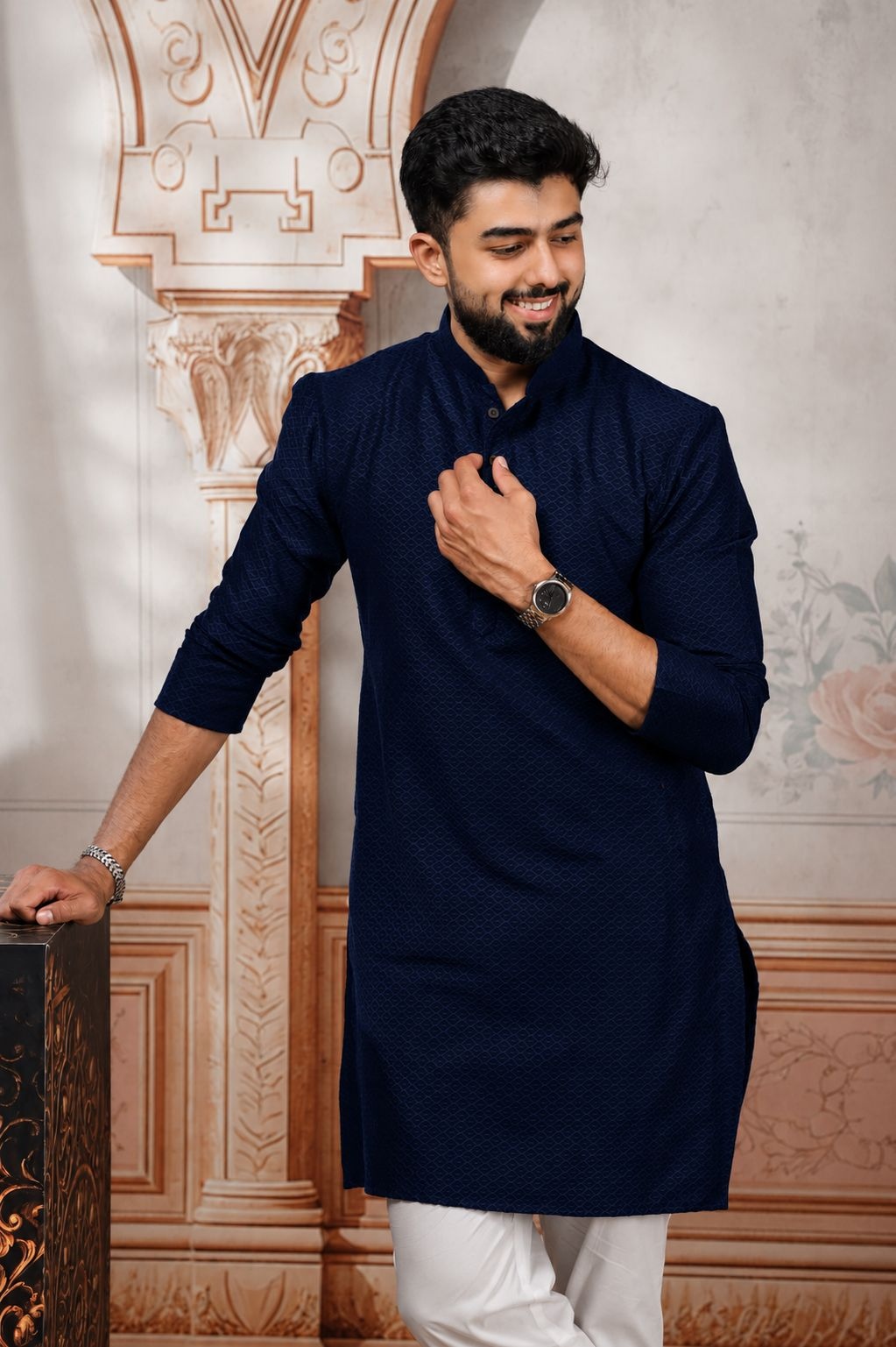 Blue Woven Cotton Kurta Pyjama