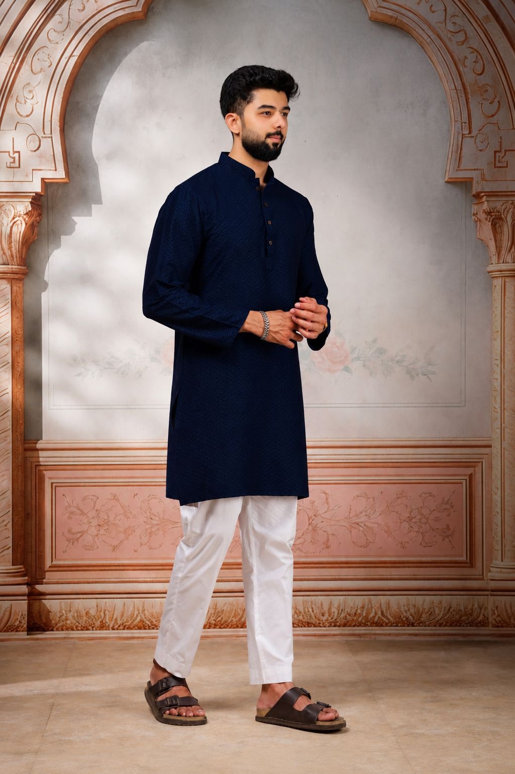 Blue Woven Cotton Kurta Pyjama