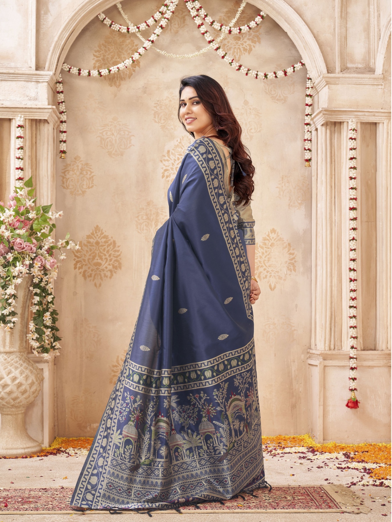 Blue Woven Designer Handloom Raw Silk Saree — alternate view