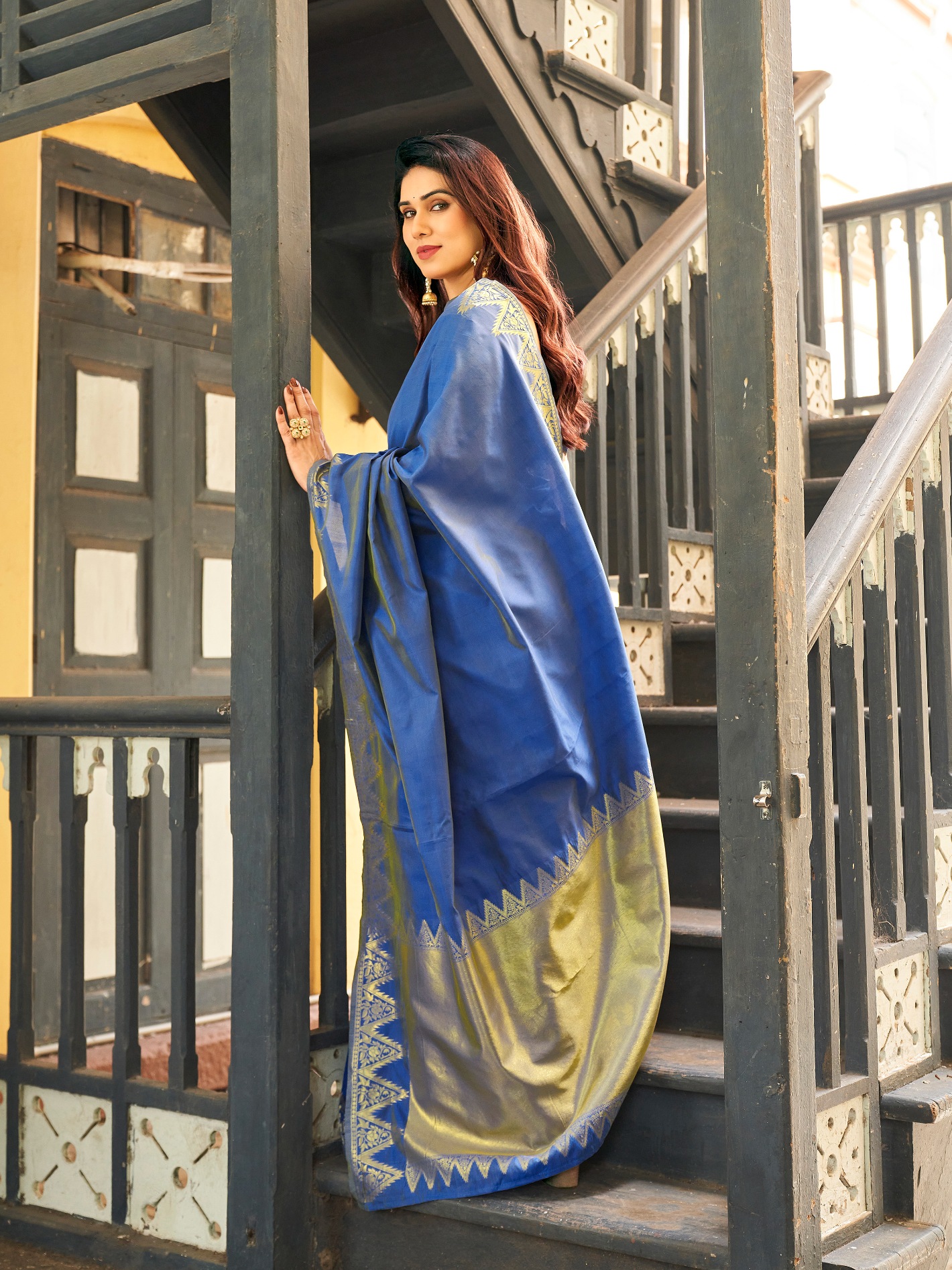 Blue Woven Gold Zari Banarasi Raw Silk Saree — alternate view