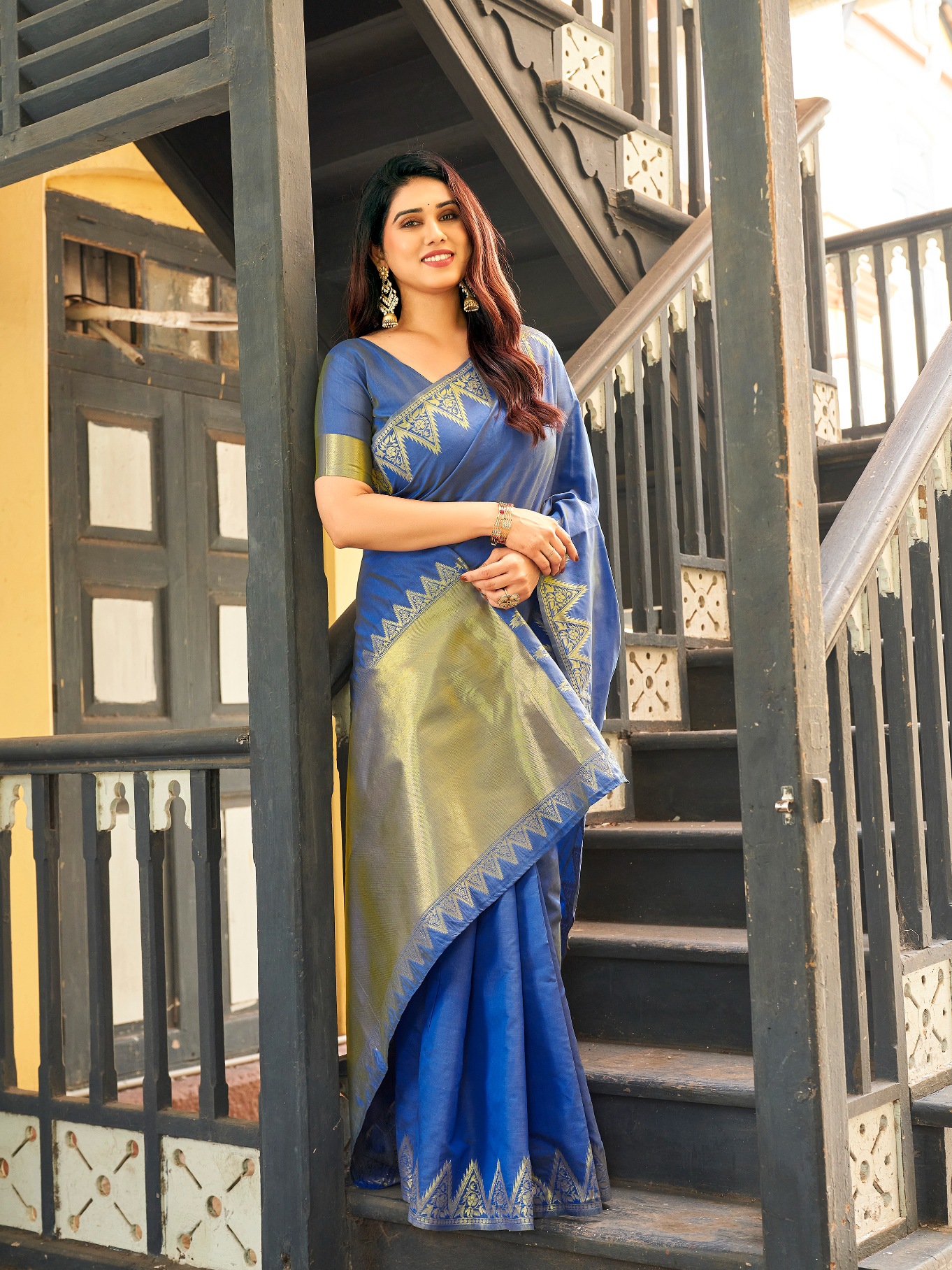 Blue Woven Gold Zari Banarasi Raw Silk Saree