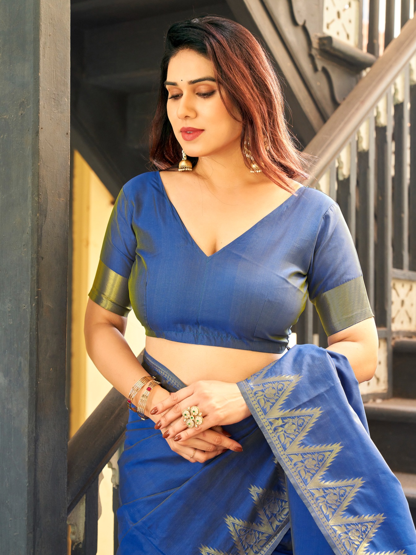 Blue Woven Gold Zari Banarasi Raw Silk Saree