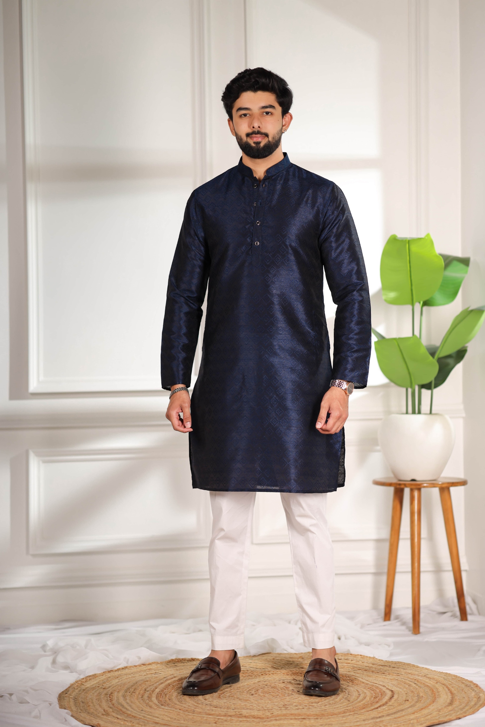 Blue Woven Pattern Art Silk Kurta Pyjama