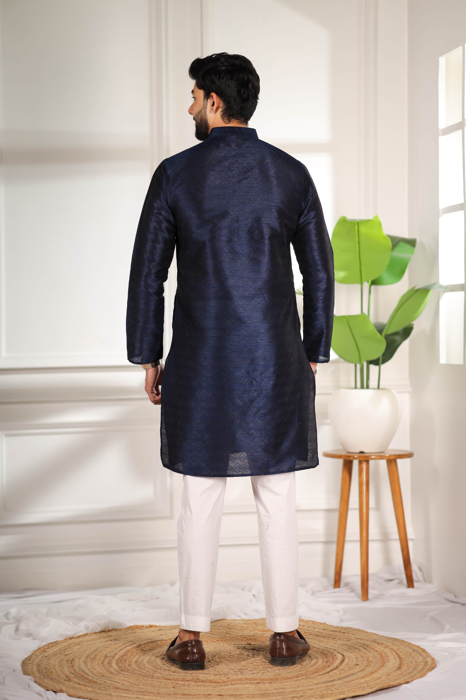 Blue Woven Pattern Art Silk Kurta Pyjama — alternate view