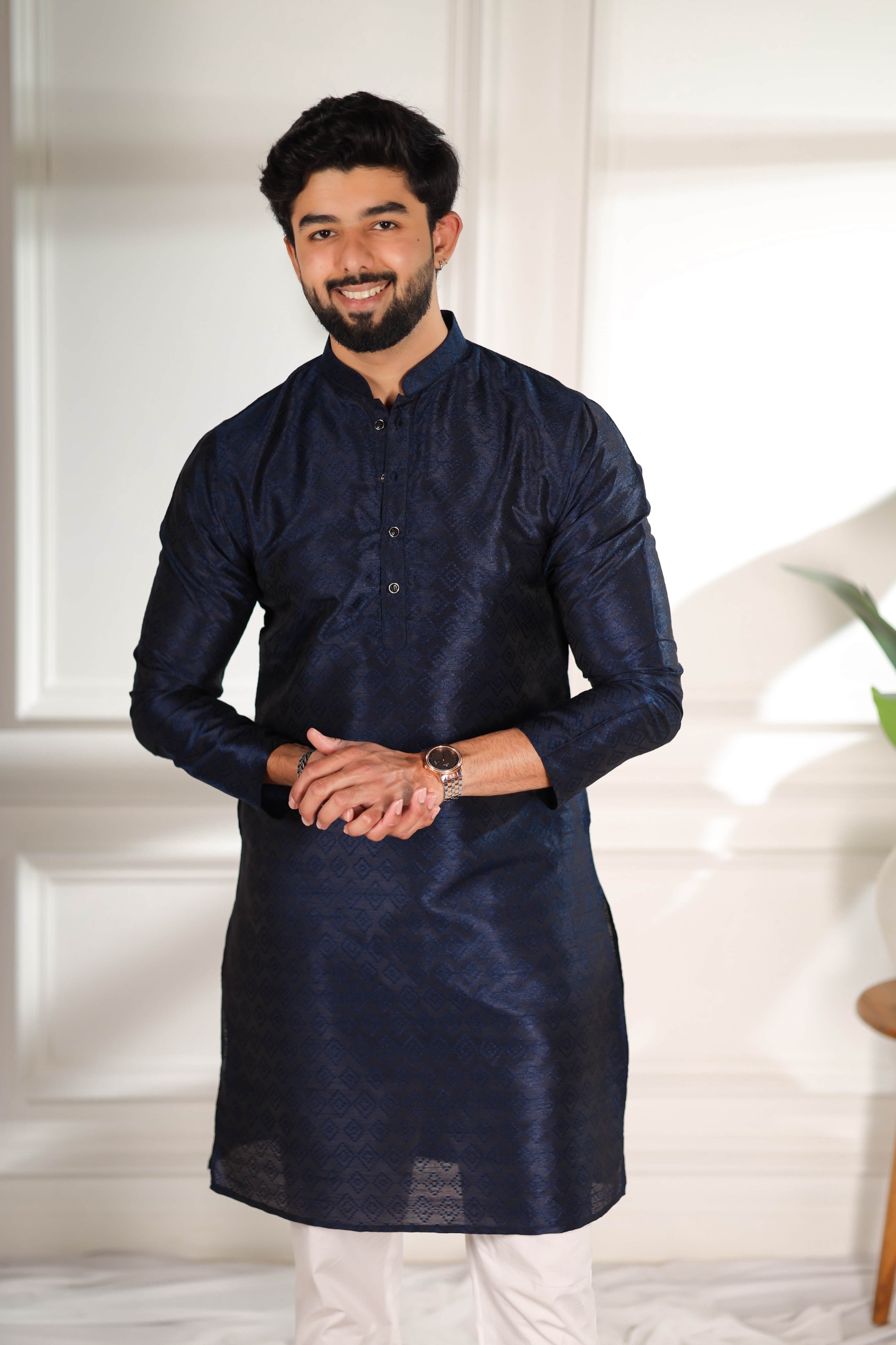 Blue Woven Pattern Art Silk Kurta Pyjama