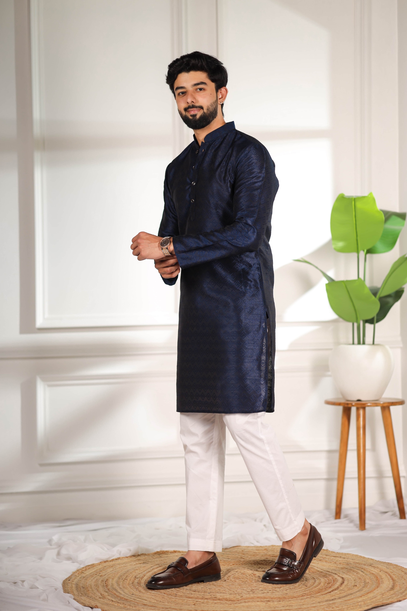 Blue Woven Pattern Art Silk Kurta Pyjama