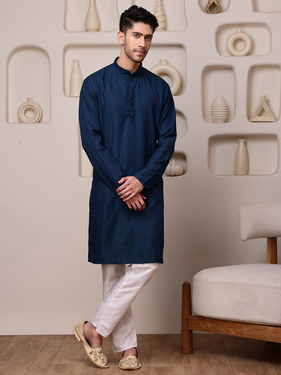 Blue Woven Sequence Embroidery Cotton Blend Kurta Pyjama