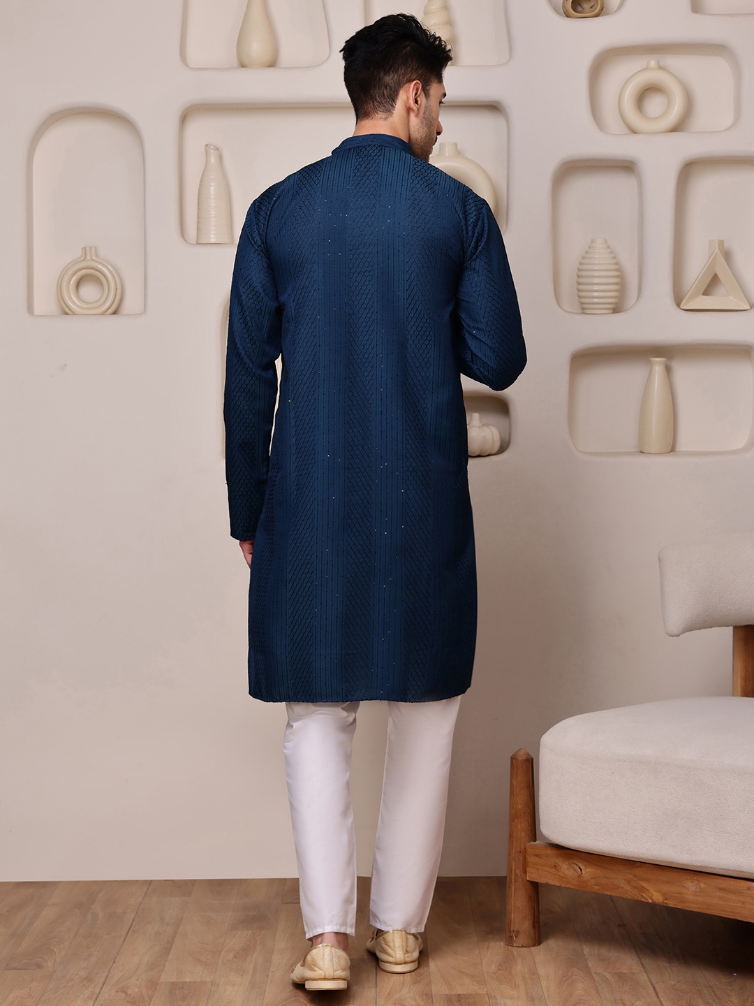 Blue Woven Sequence Embroidery Cotton Blend Kurta Pyjama — alternate view