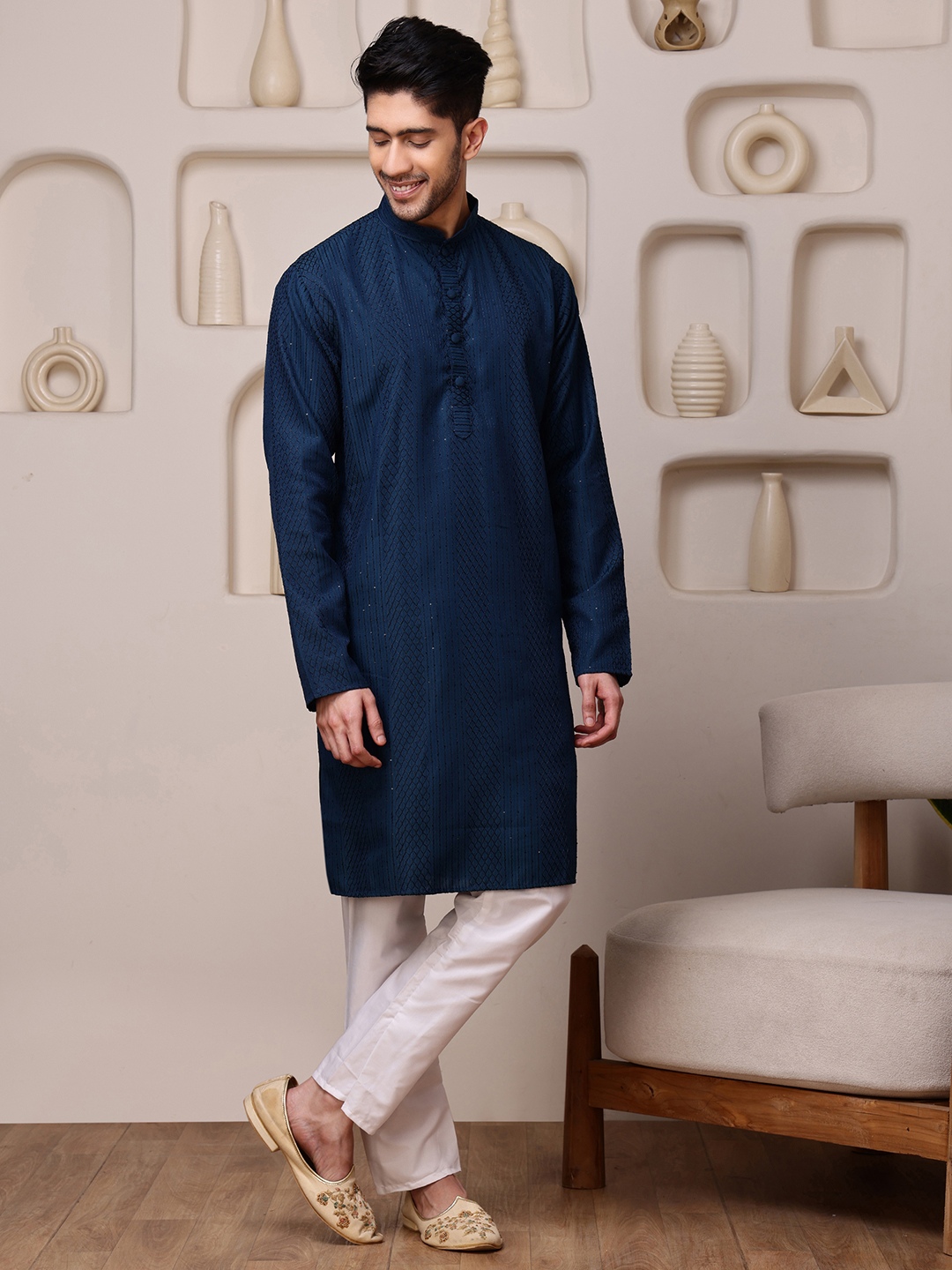 Blue Woven Sequence Embroidery Cotton Blend Kurta Pyjama