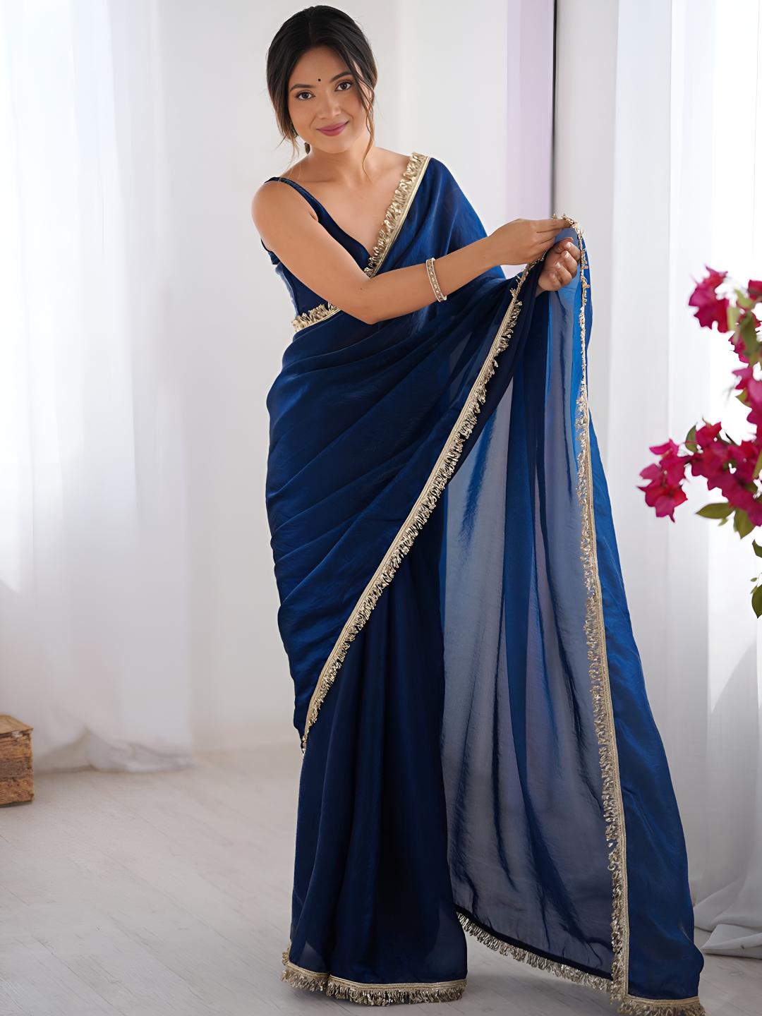 Blue Zalar Lace Border Space Silk Saree