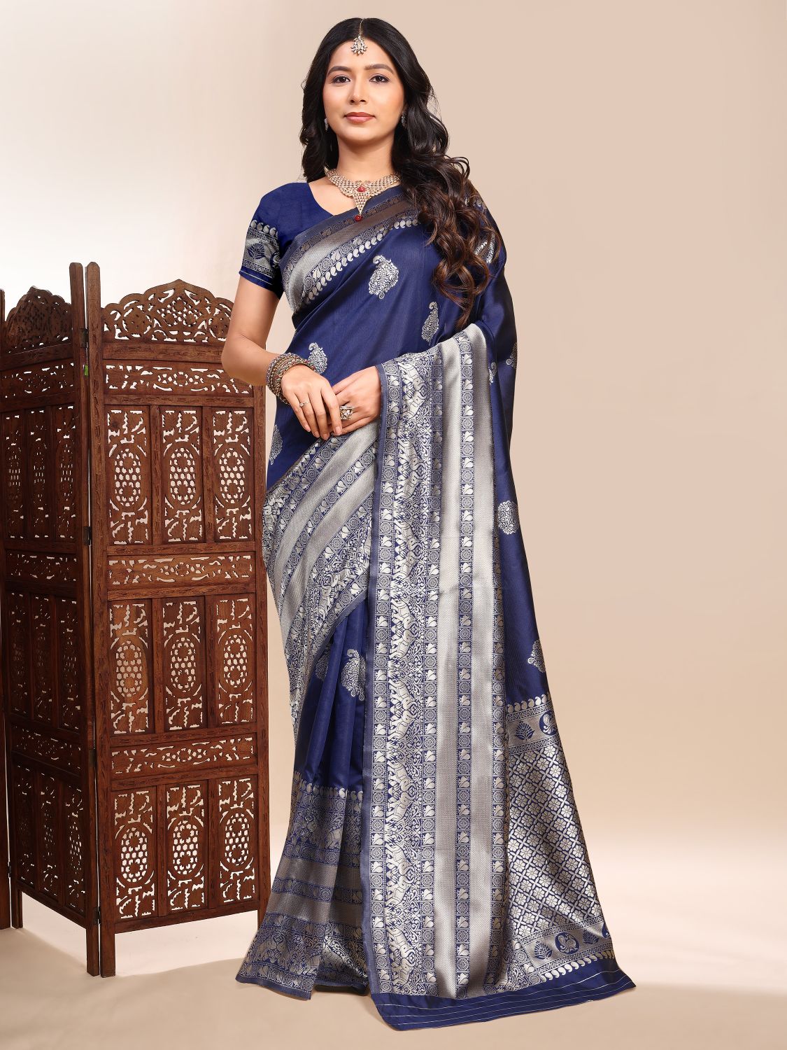 Blue Zari Butta Lichi Silk Woven Designer Saree