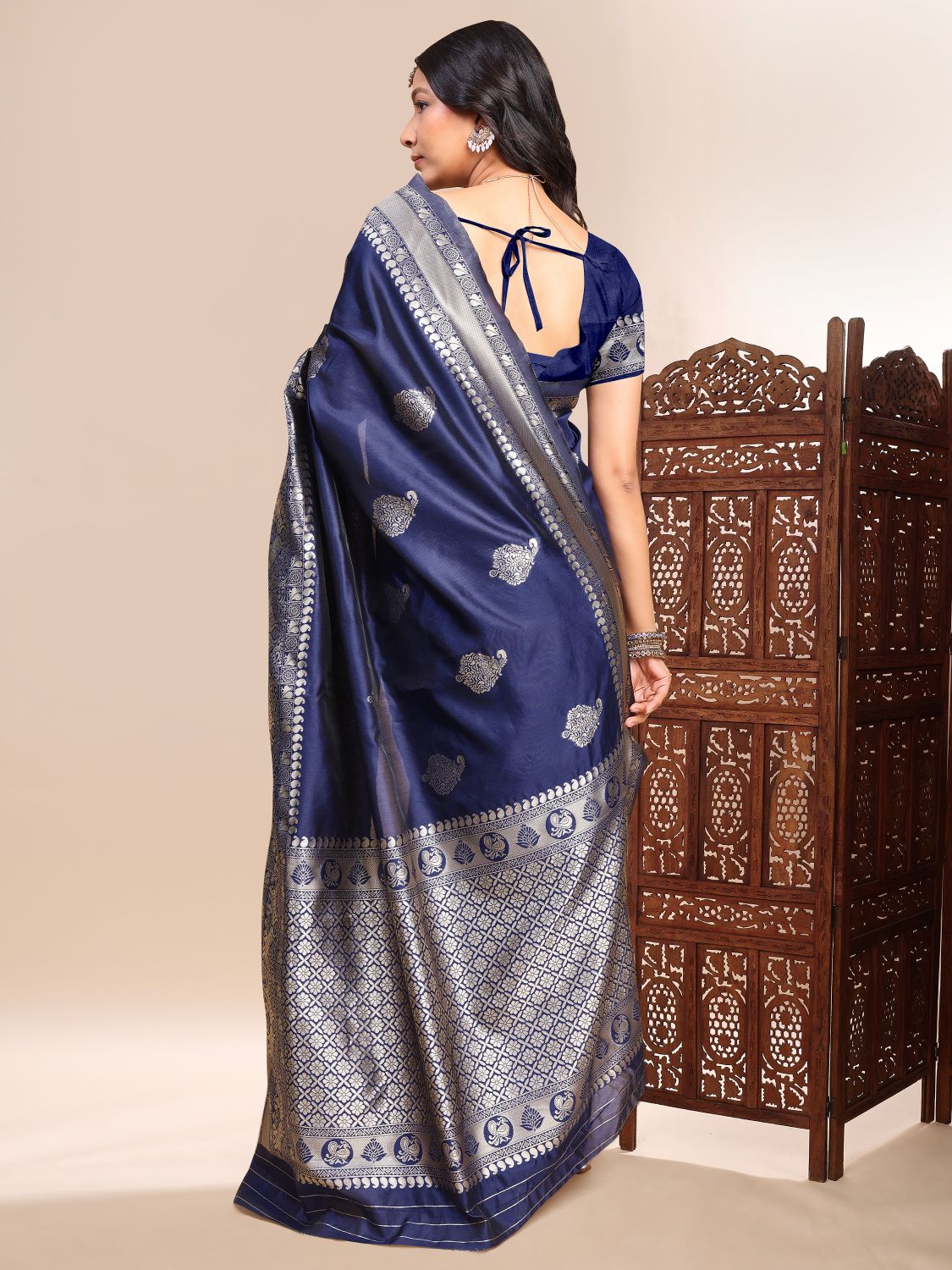 Blue Zari Butta Lichi Silk Woven Designer Saree — alternate view
