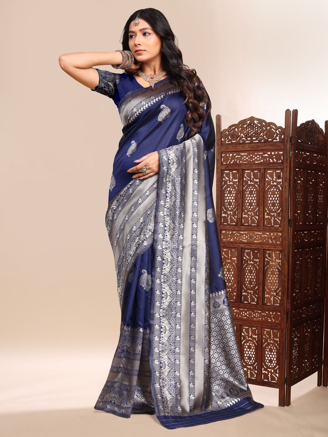 Blue Zari Butta Lichi Silk Woven Designer Saree