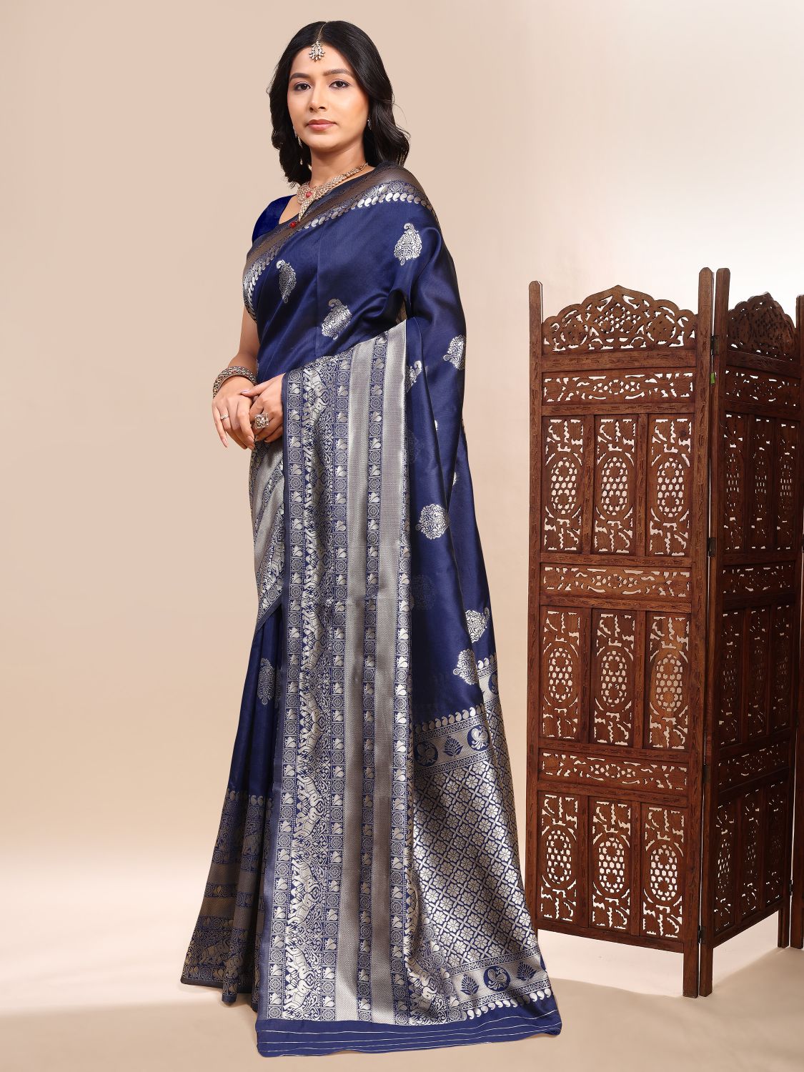Blue Zari Butta Lichi Silk Woven Designer Saree