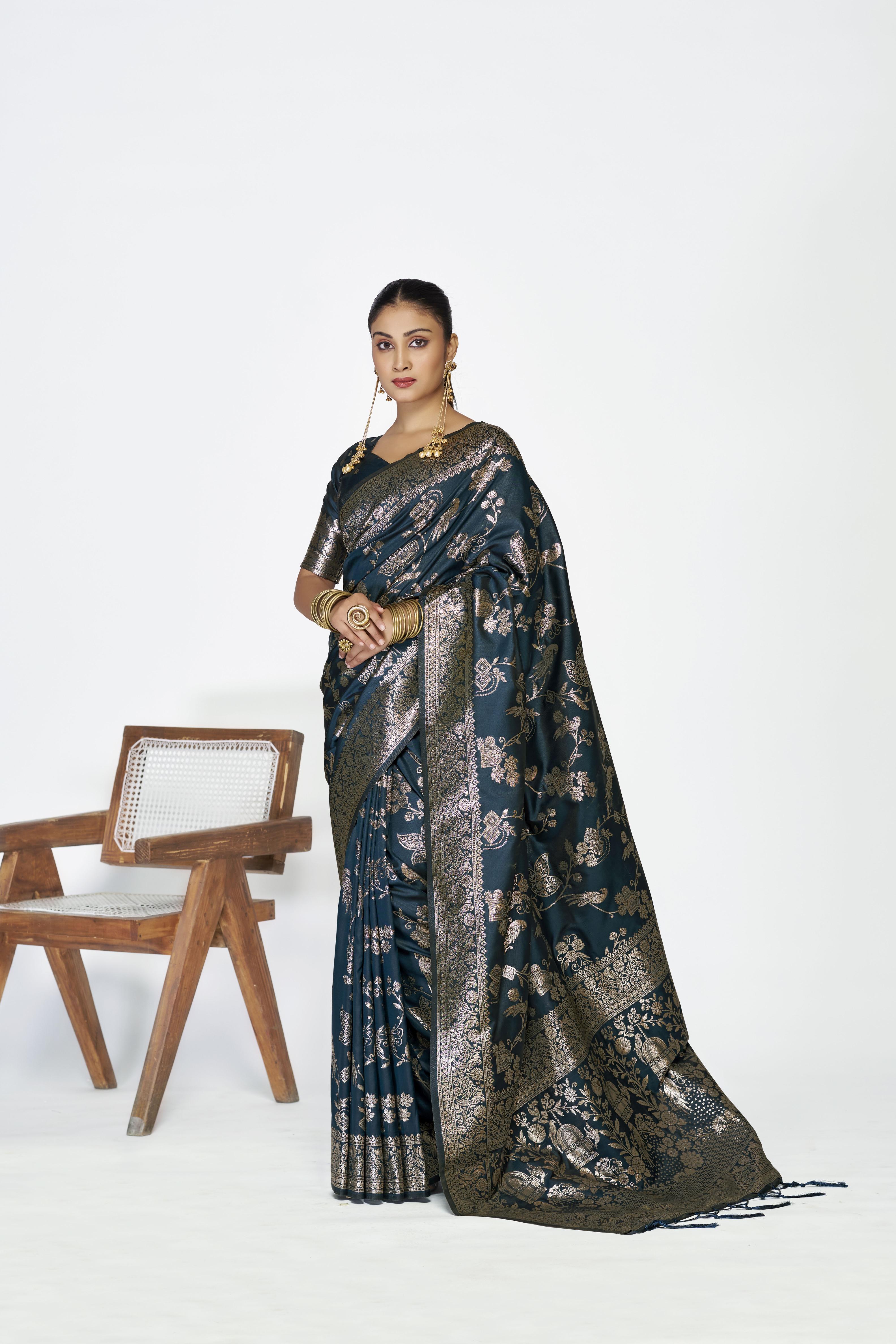 Blue Zari Floral Butti Designer Banarasi Silk Saree