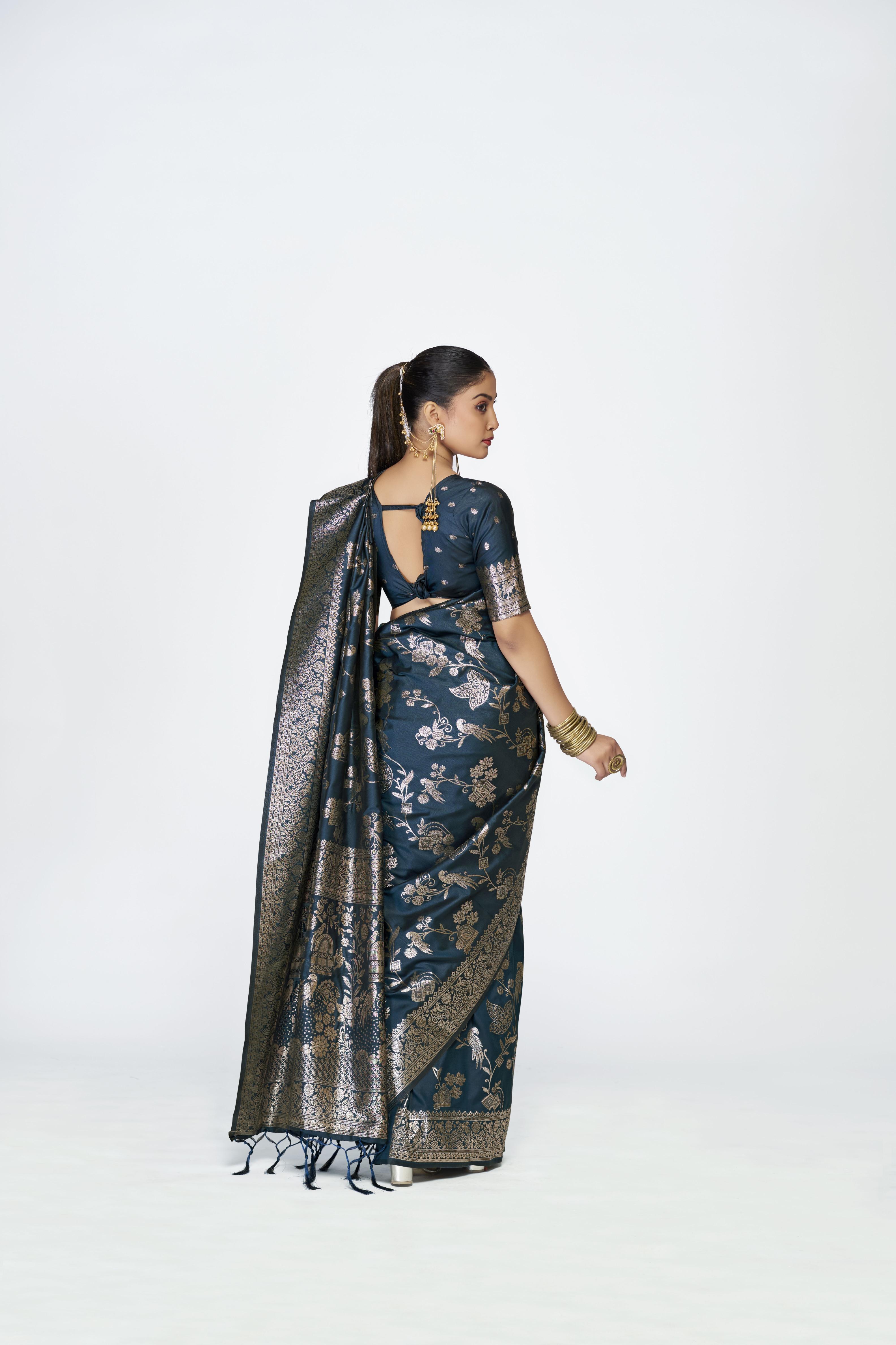Blue Zari Floral Butti Designer Banarasi Silk Saree — alternate view