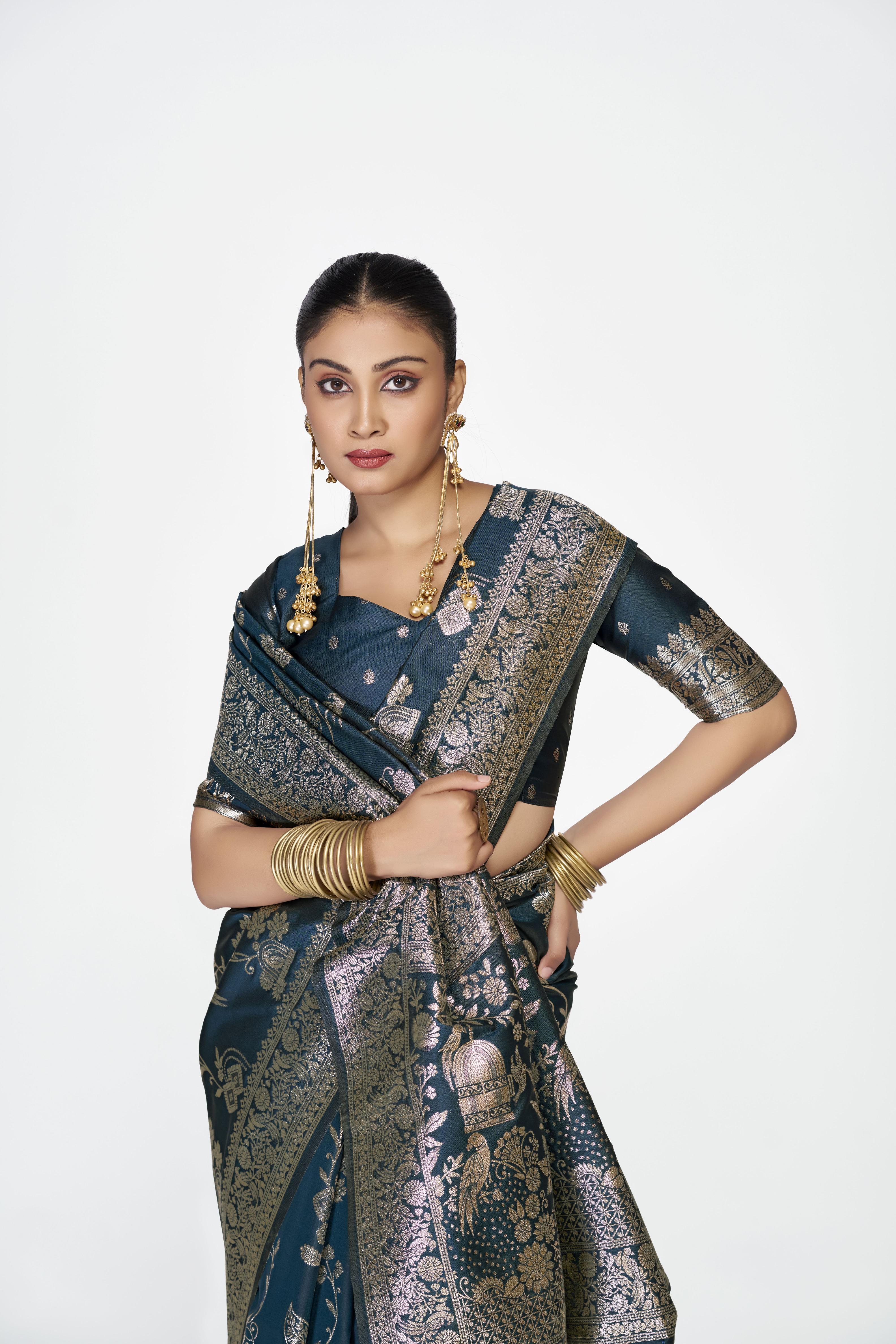 Blue Zari Floral Butti Designer Banarasi Silk Saree