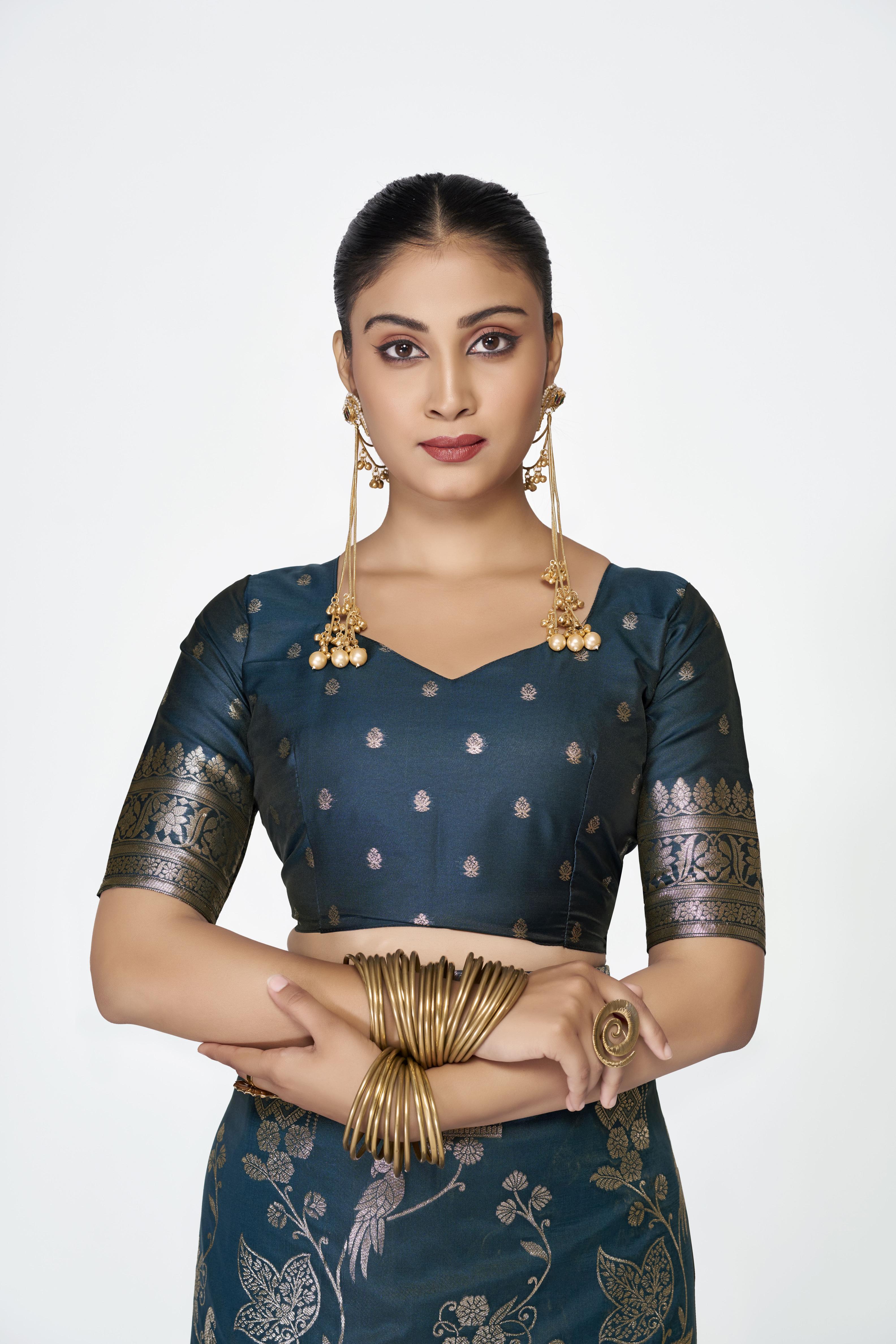 Blue Zari Floral Butti Designer Banarasi Silk Saree