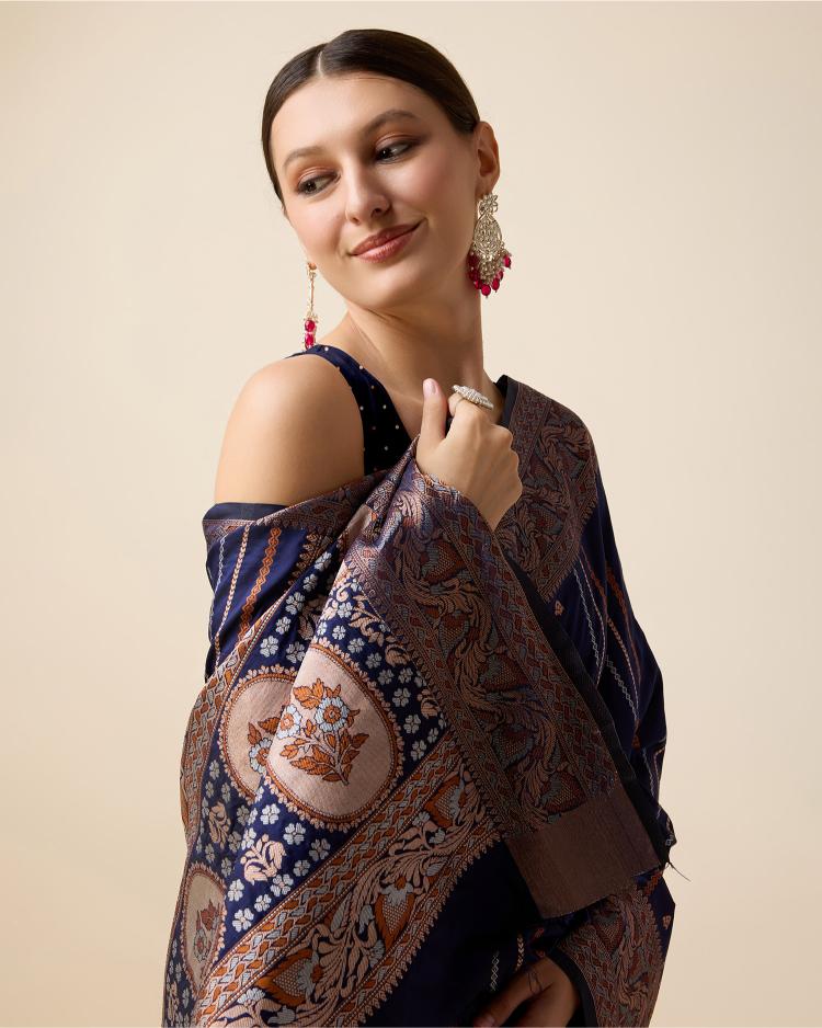 Blue Zari Woven Jacquard Silk Saree