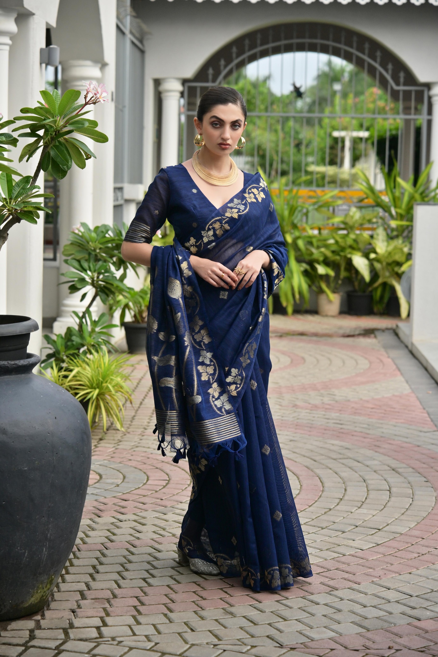 Blue Zari Woven Jute Linen Silk Saree