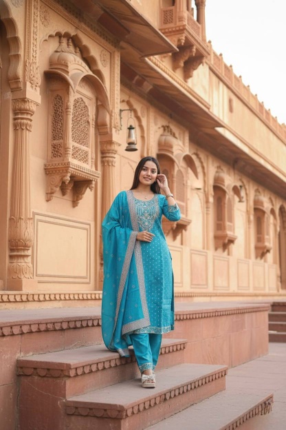 Blue Zekard Butti Chanderi Cotton Designer Suit