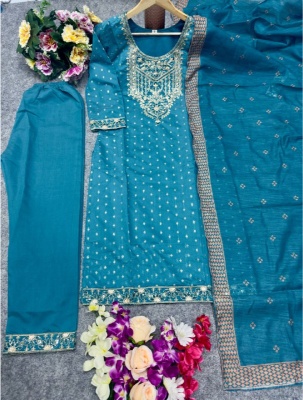 Blue Zekard Butti Chanderi Cotton Designer Suit — alternate view