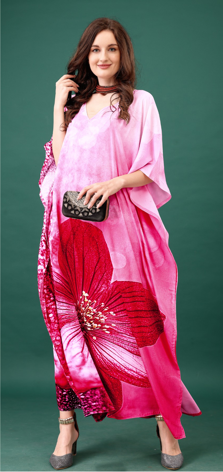 Blush Bloom Digital Printed Feather Silk Kaftan