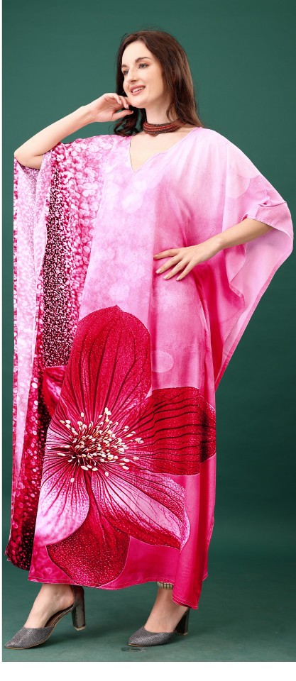 Blush Bloom Digital Printed Feather Silk Kaftan