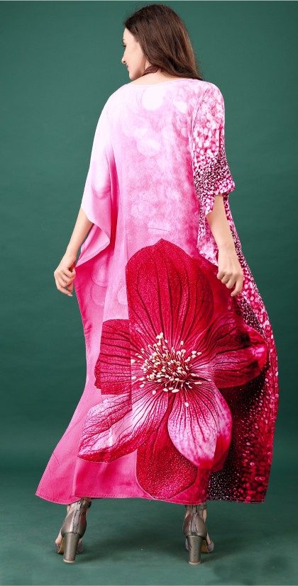Blush Bloom Digital Printed Feather Silk Kaftan