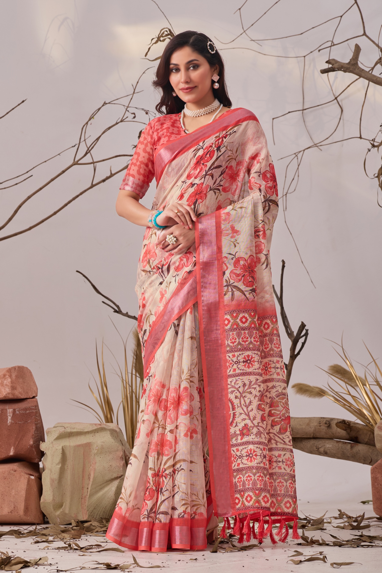 Blush Bloom Linen Saree