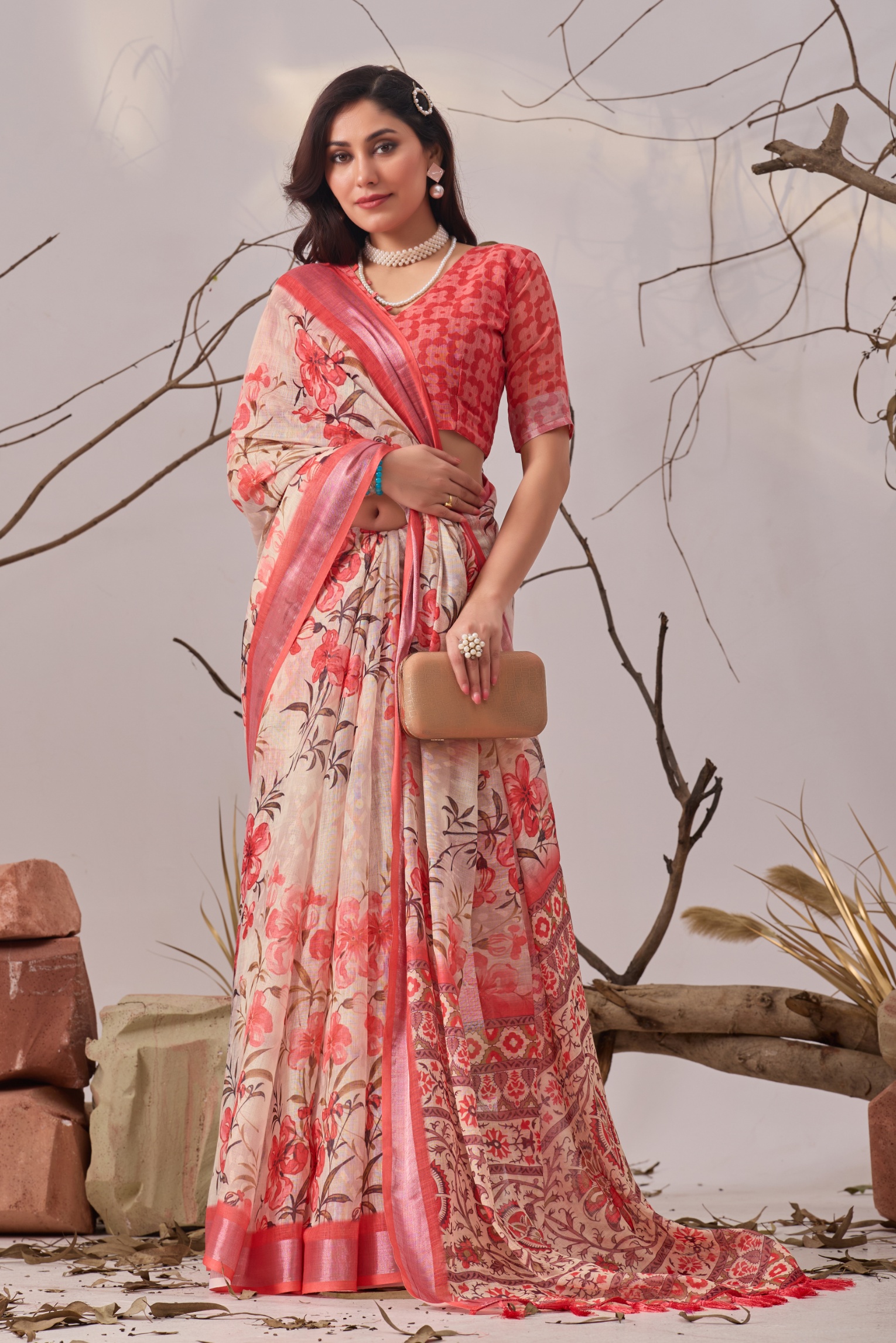 Blush Bloom Linen Saree