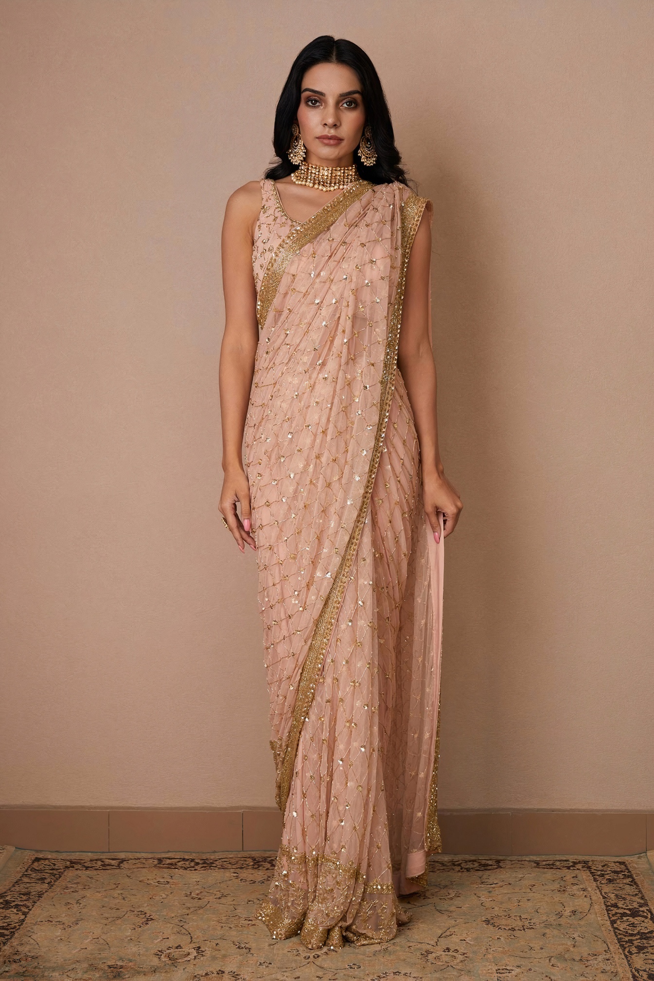 Blush Lattice Sequin Net Saree