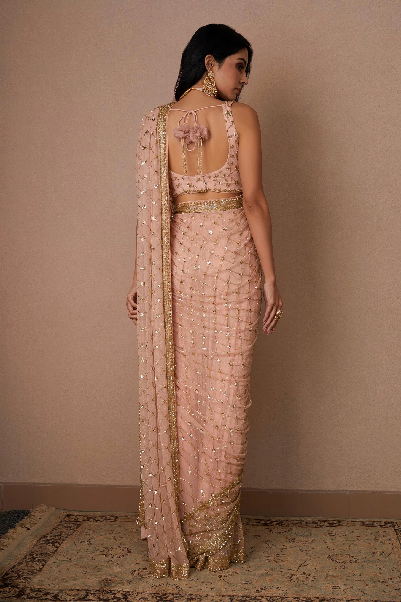 Blush Lattice Sequin Net Saree — alternate view