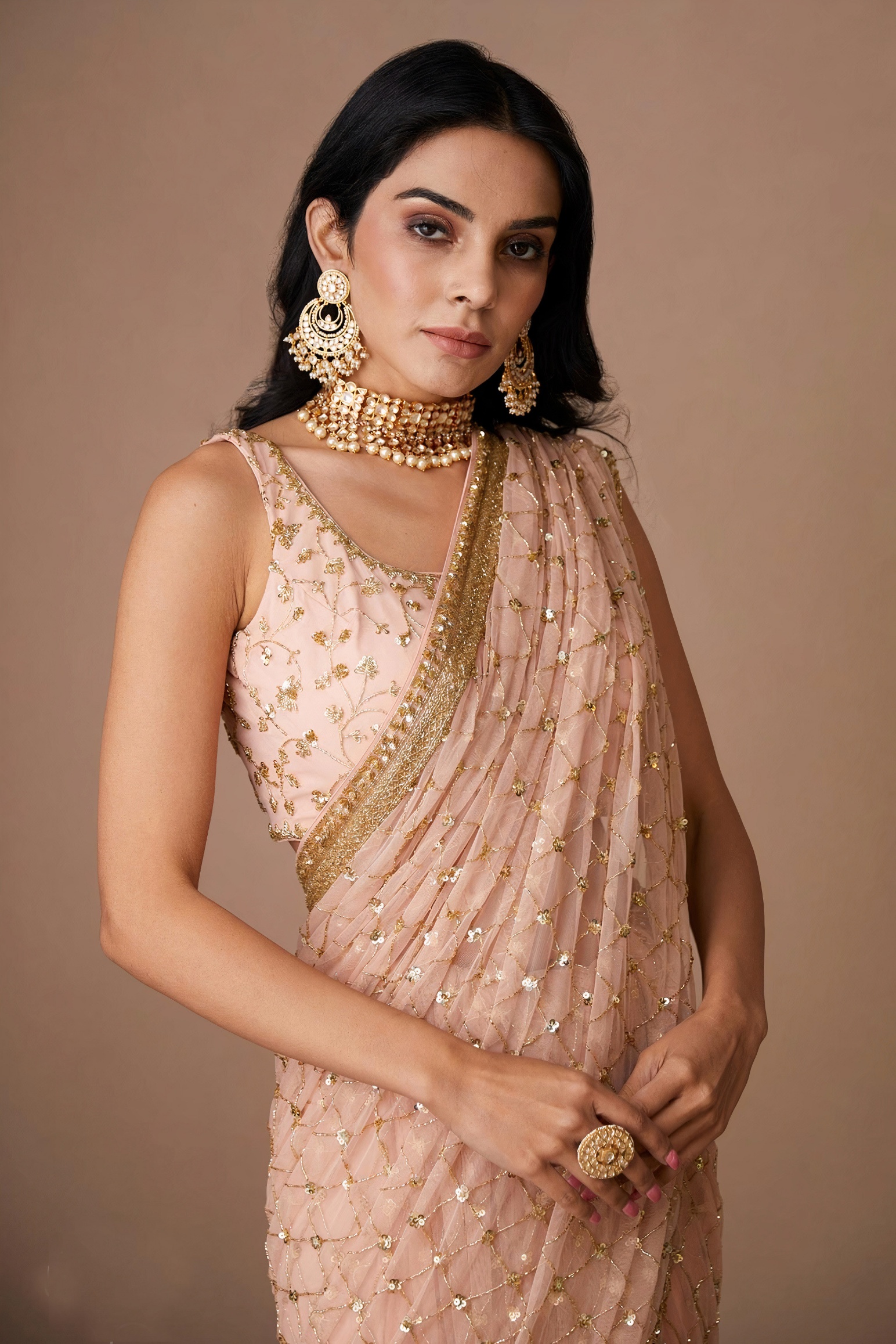 Blush Lattice Sequin Net Saree