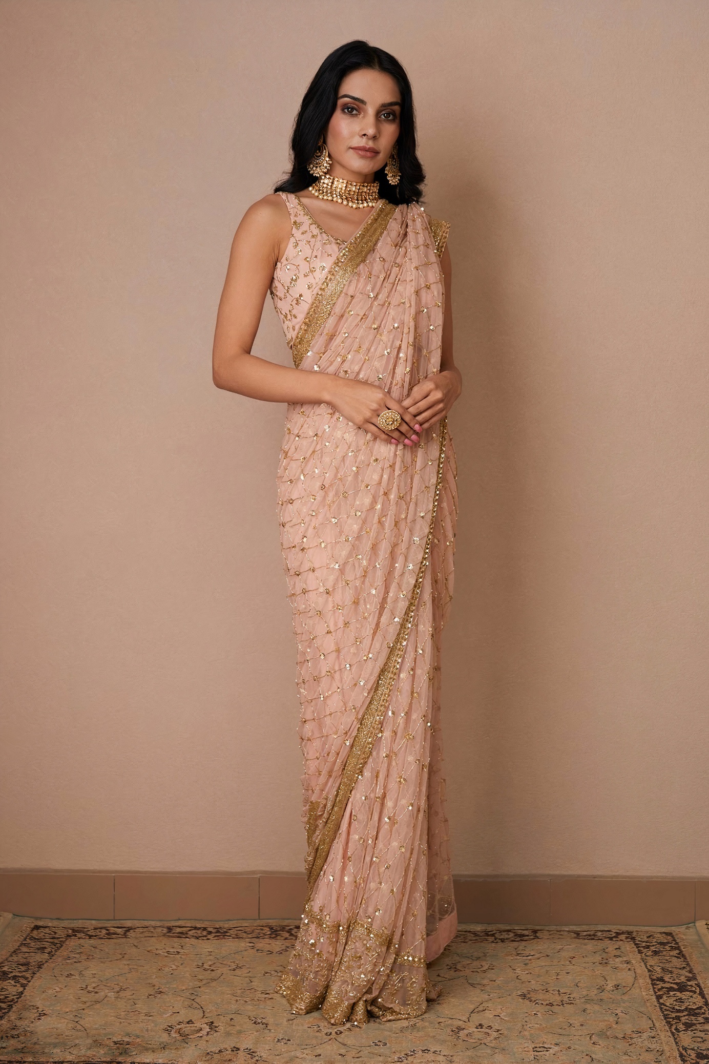 Blush Lattice Sequin Net Saree