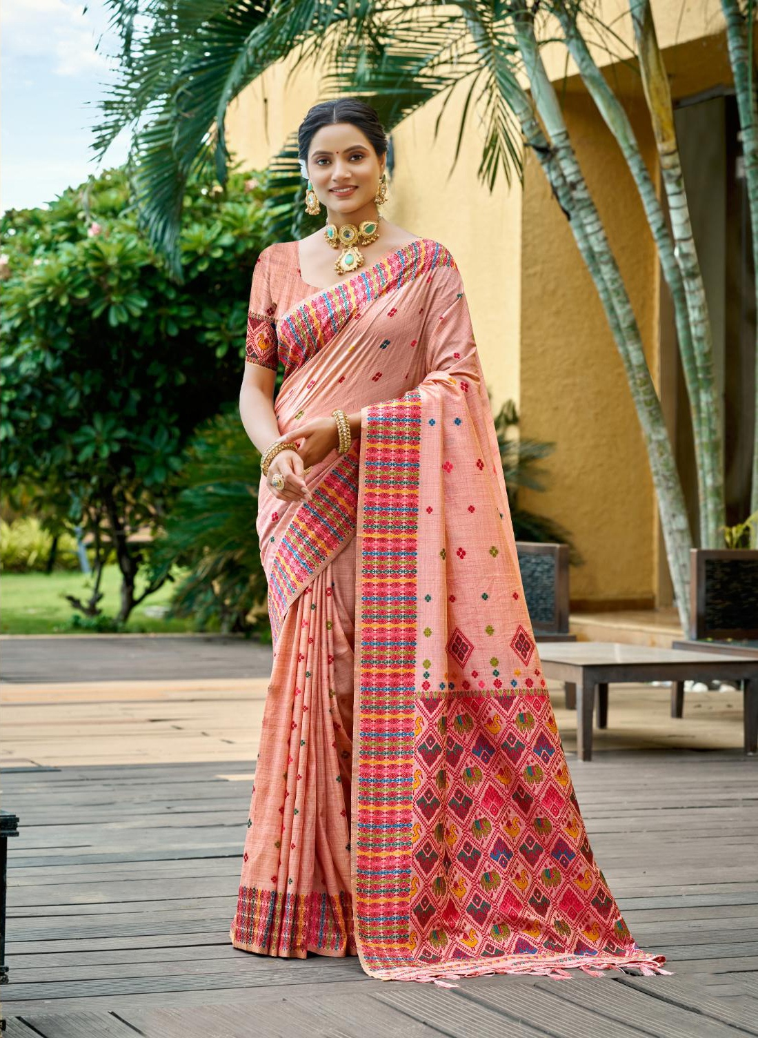 Blush Peach Woven Designer Assam Silk Saree