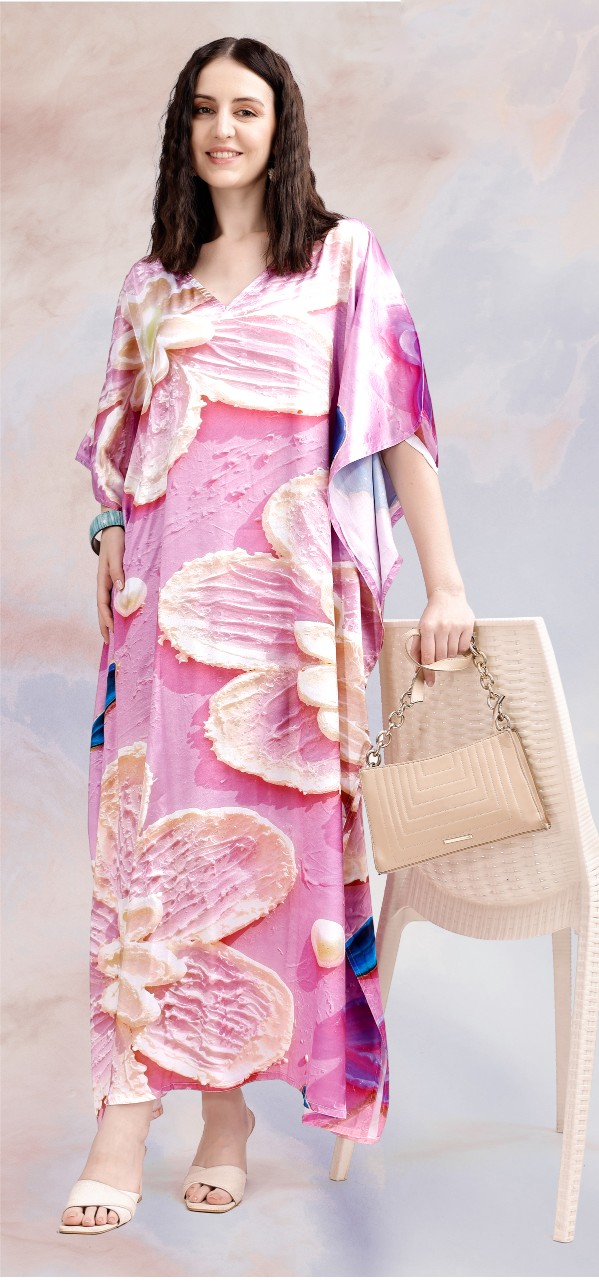 Blush Petal Digital Printed Poly Japan Satin Kaftan