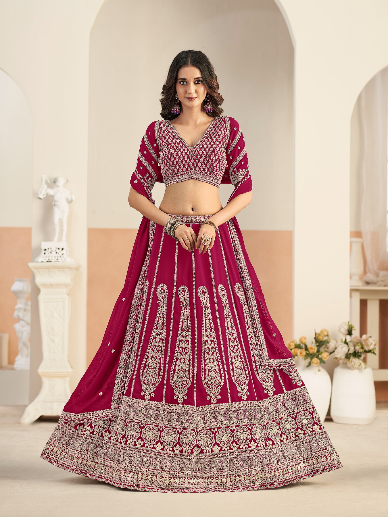 Blush Pink Embroidered Faux Georgette Party Wear Lehenga Choli