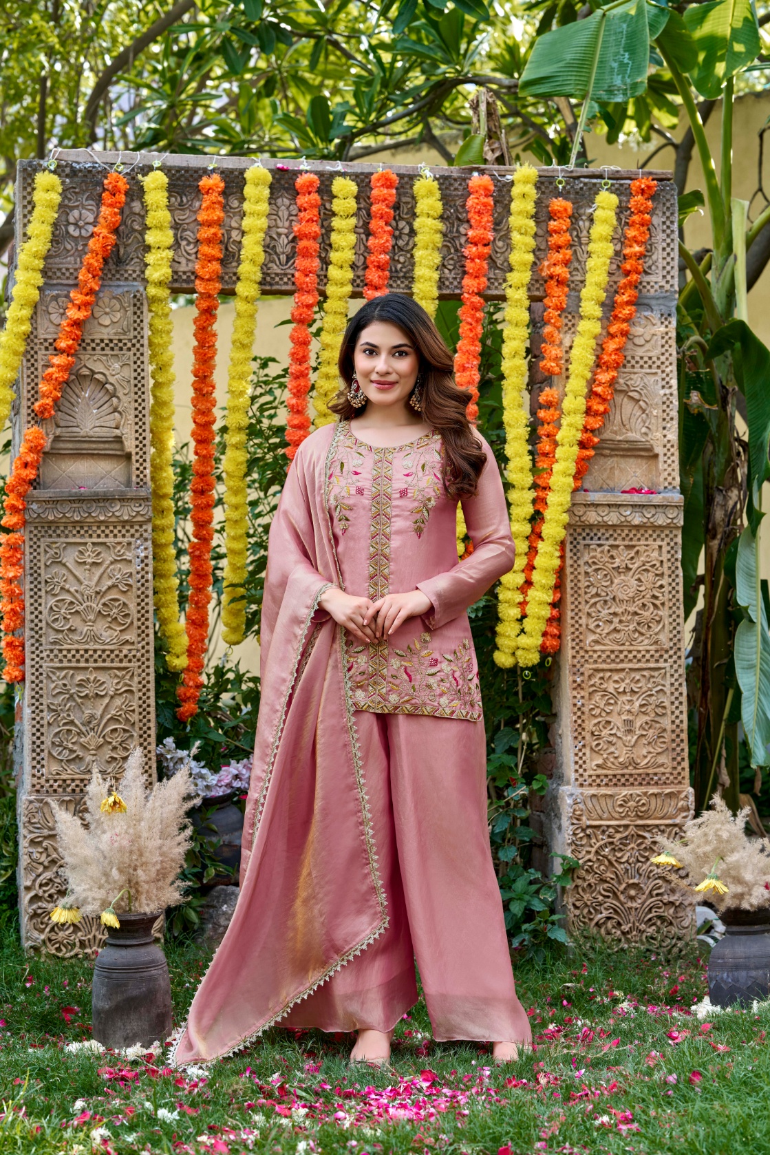 Blush Pink Floral Embroidered Palazzo Suit