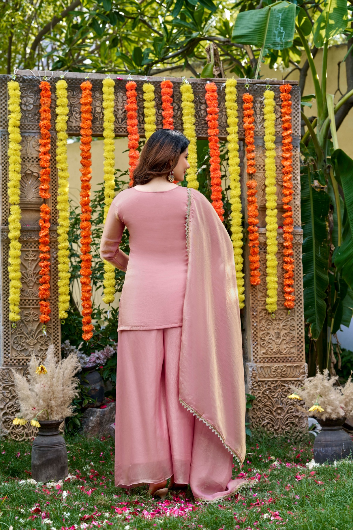 Blush Pink Floral Embroidered Palazzo Suit — alternate view