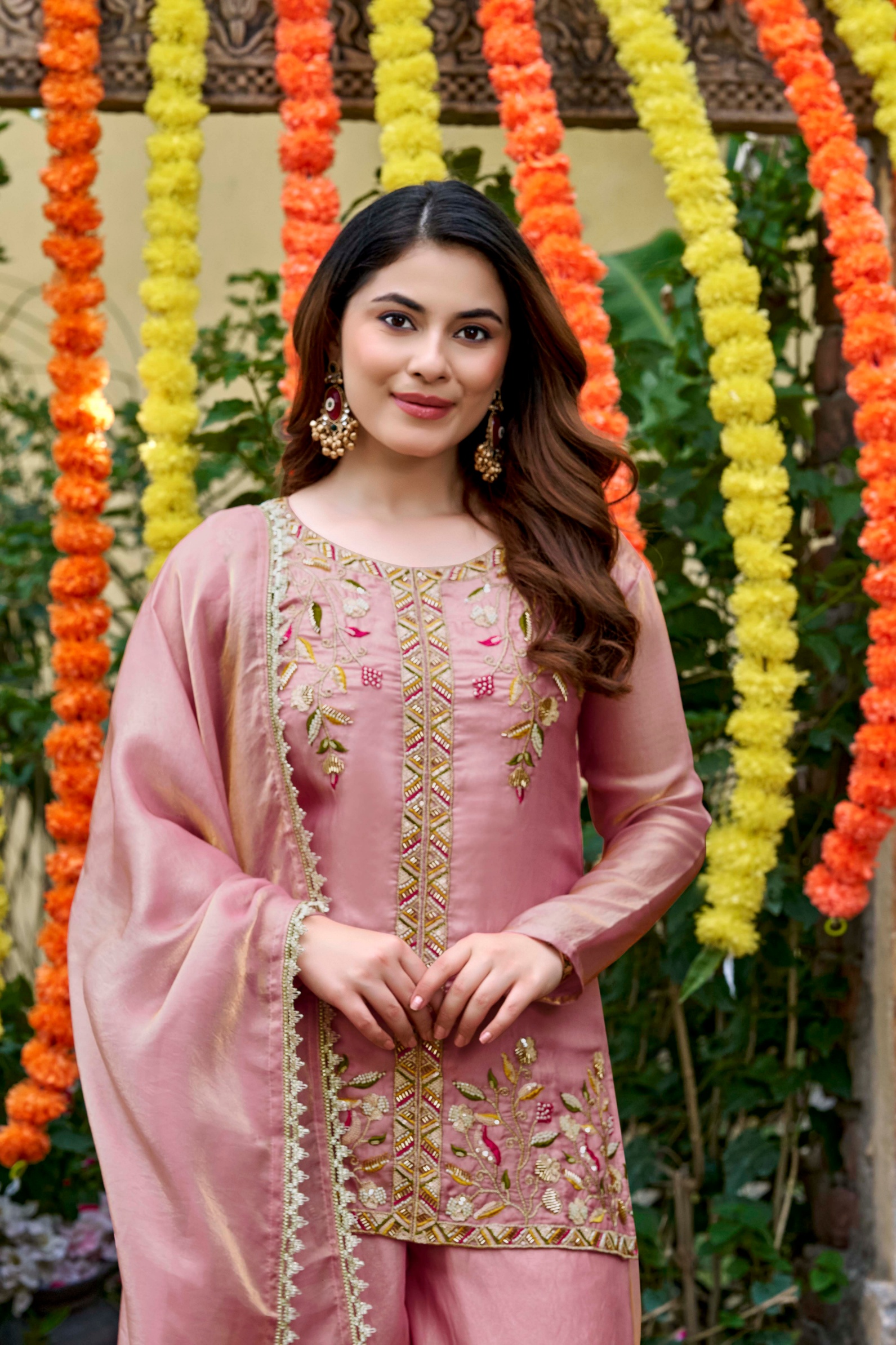 Blush Pink Floral Embroidered Palazzo Suit
