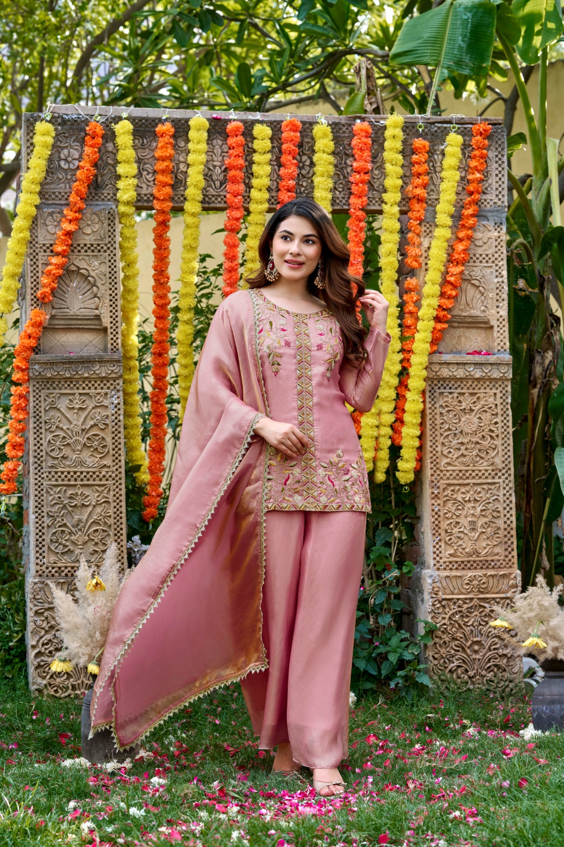 Blush Pink Floral Embroidered Palazzo Suit