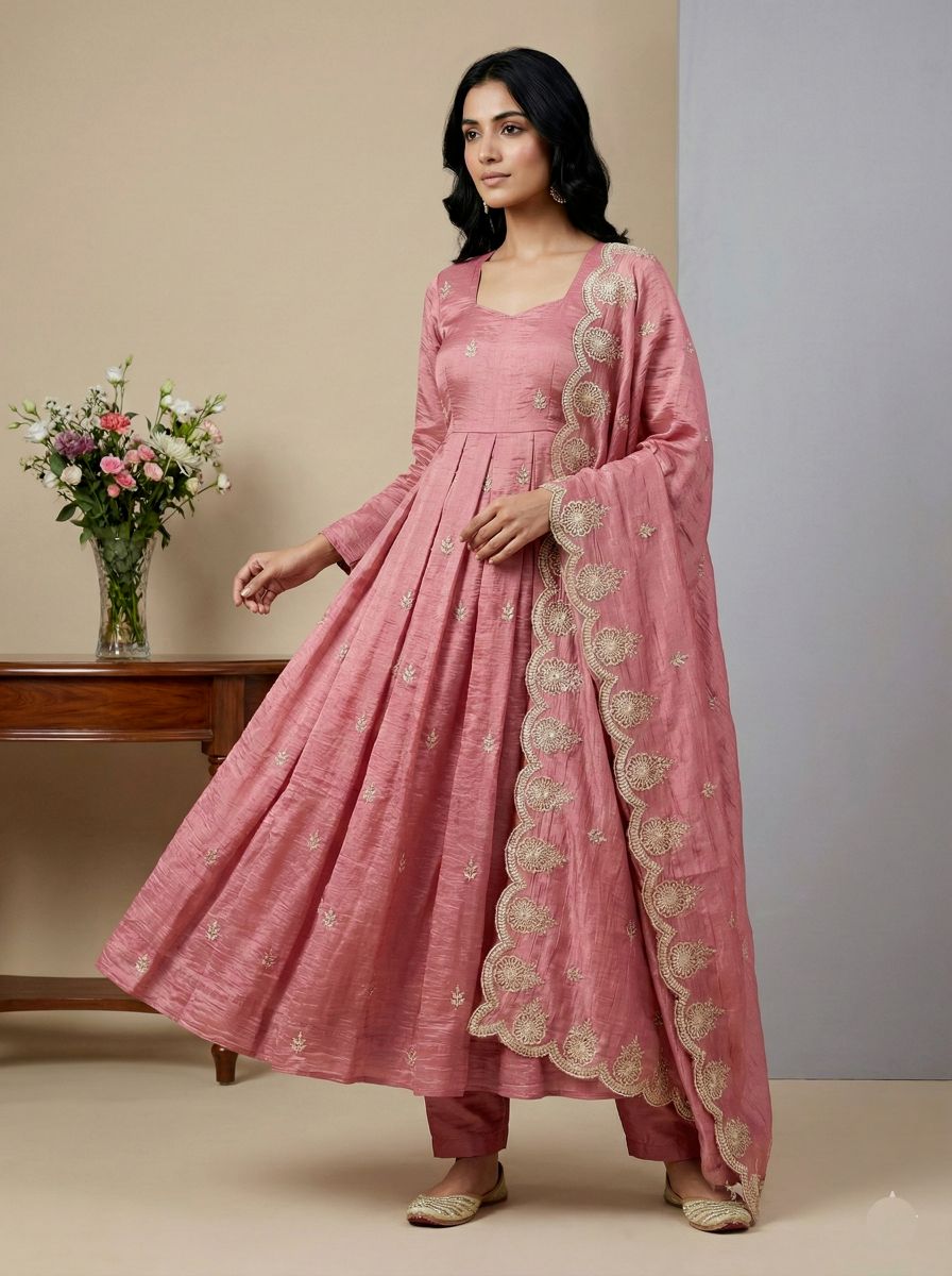 Blush Pink Heavy Gold Crush Silk Anarkali Suit Set