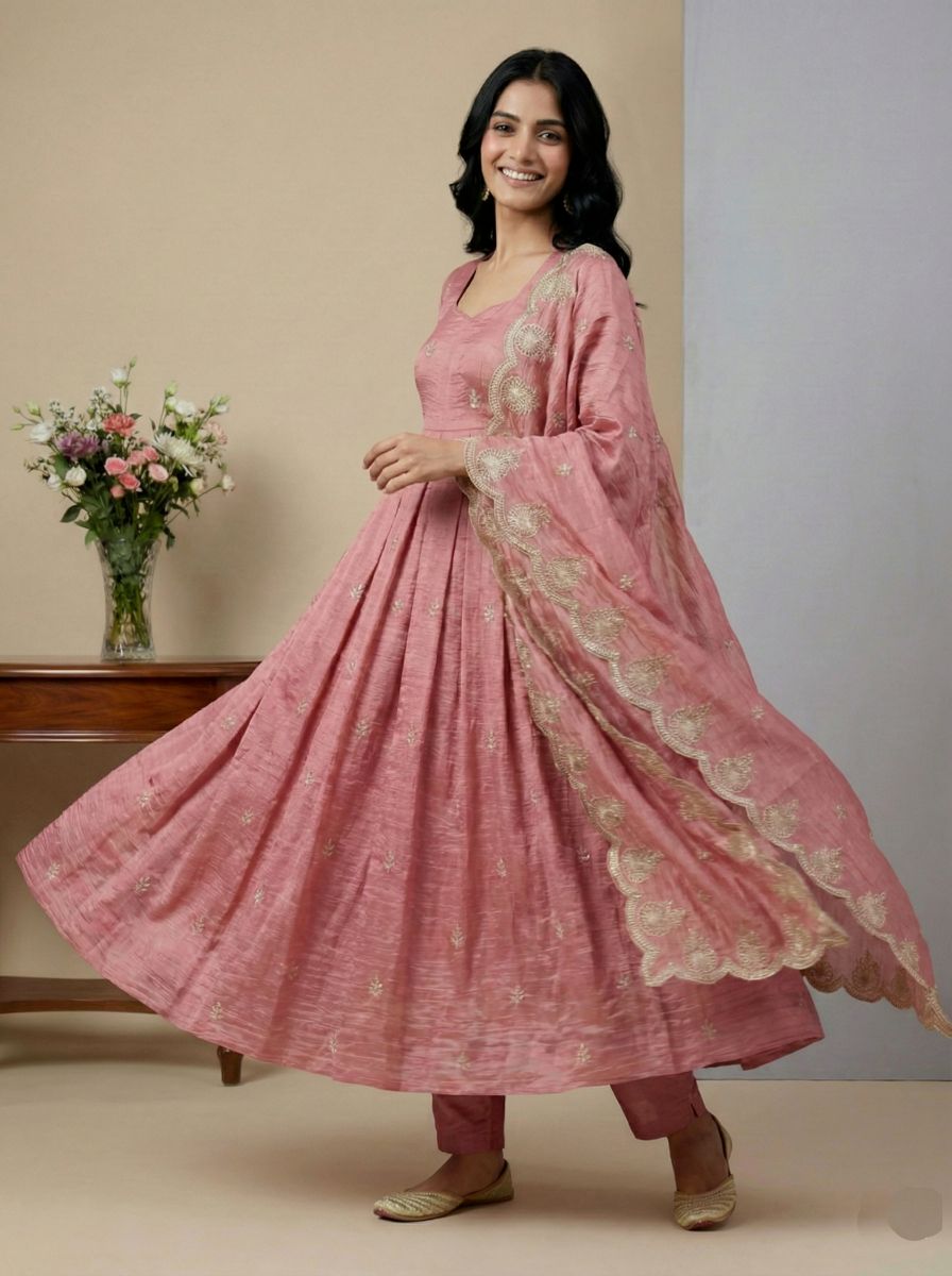 Blush Pink Heavy Gold Crush Silk Anarkali Suit Set — alternate view