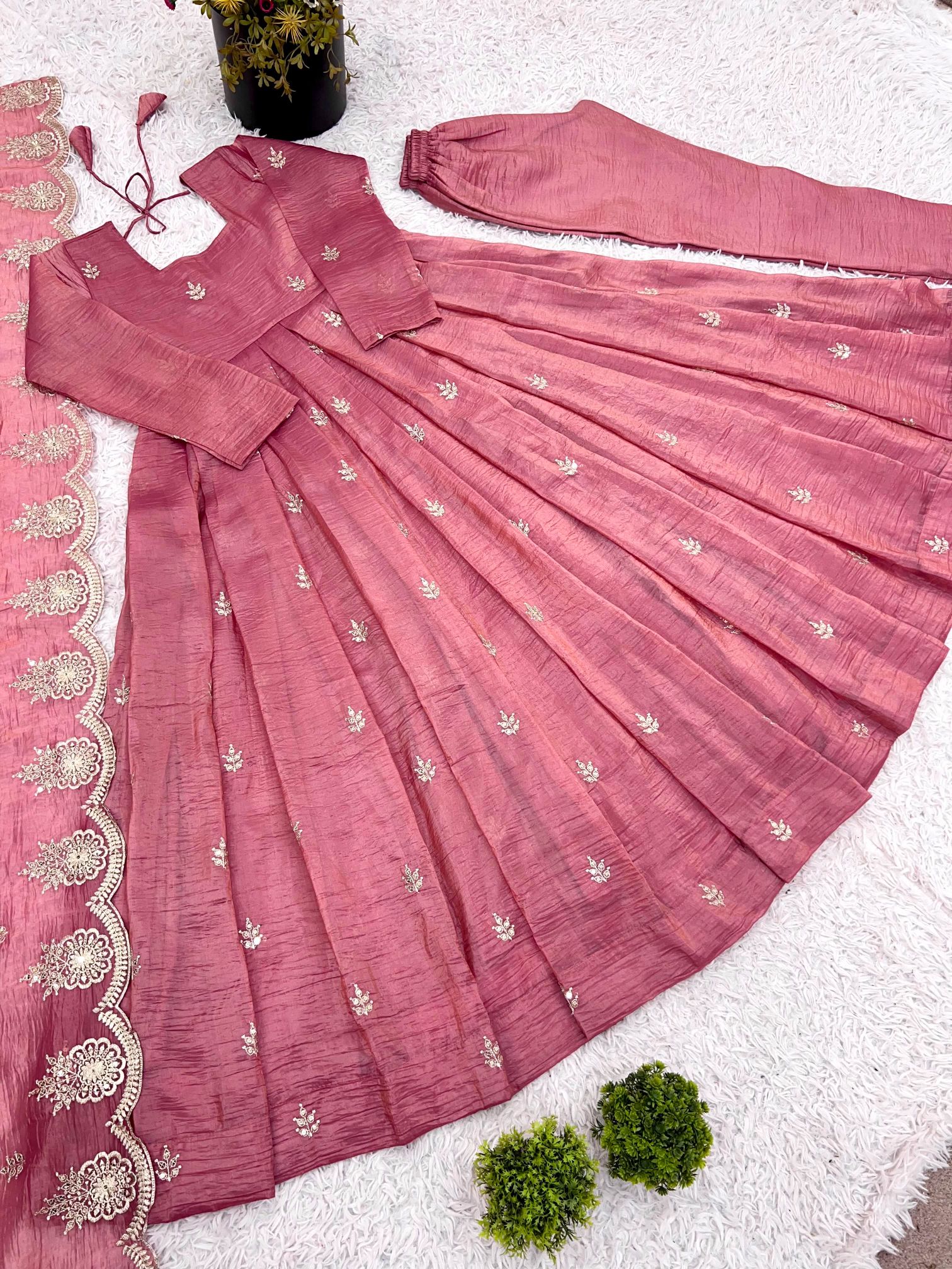 Blush Pink Heavy Gold Crush Silk Anarkali Suit Set