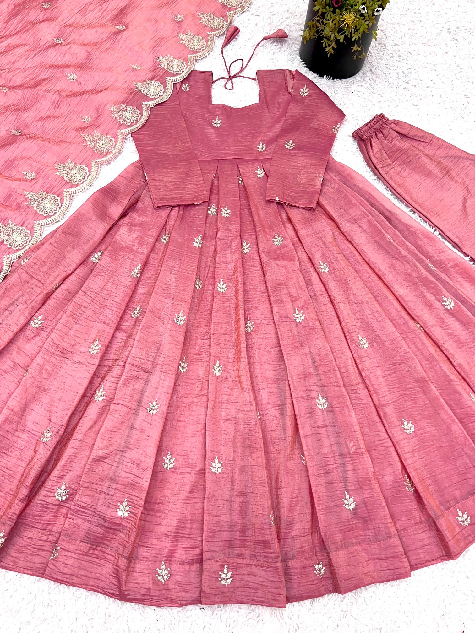 Blush Pink Heavy Gold Crush Silk Anarkali Suit Set