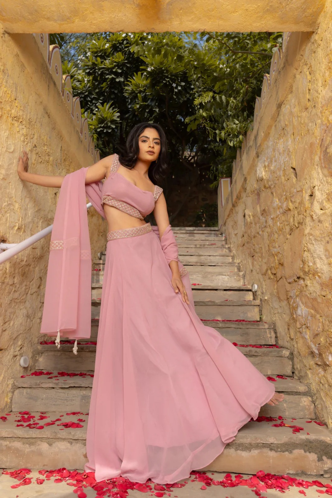 Blush Pink Plain Faux Georgette Lehenga Choli