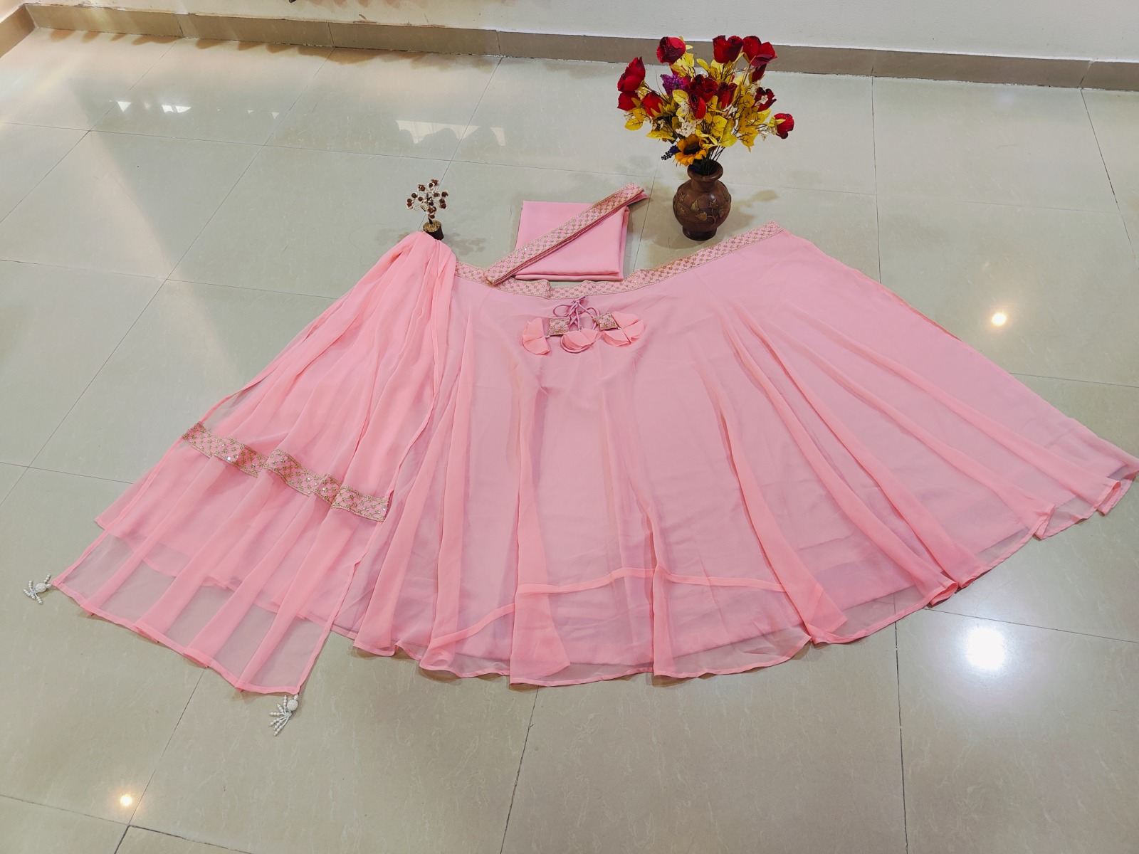 Blush Pink Plain Faux Georgette Lehenga Choli